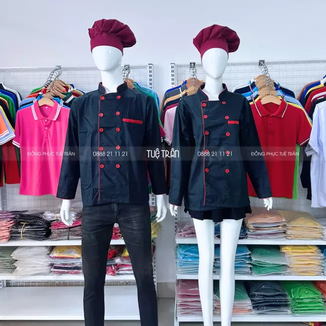 Áo bếp tay dài đen viền đỏ