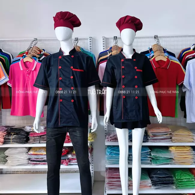 Áo bếp tay ngắn đen viền đỏ