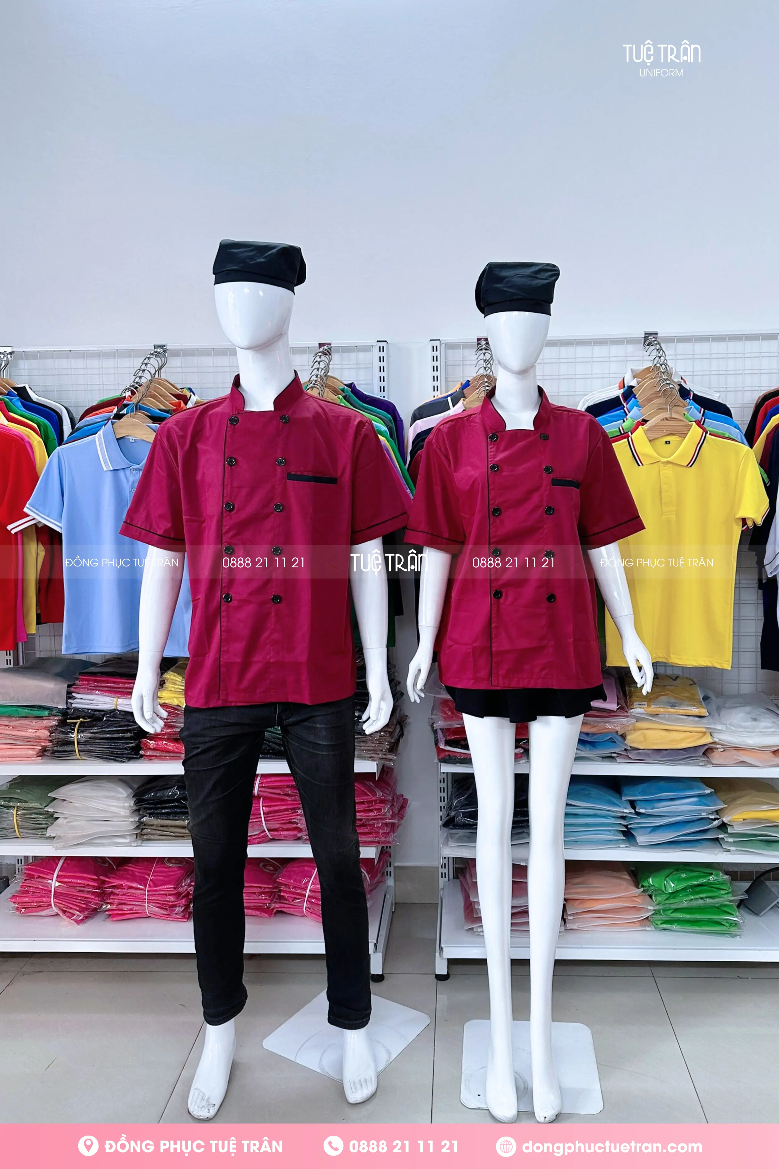 Áo bếp tay ngắn đỏ viền đen